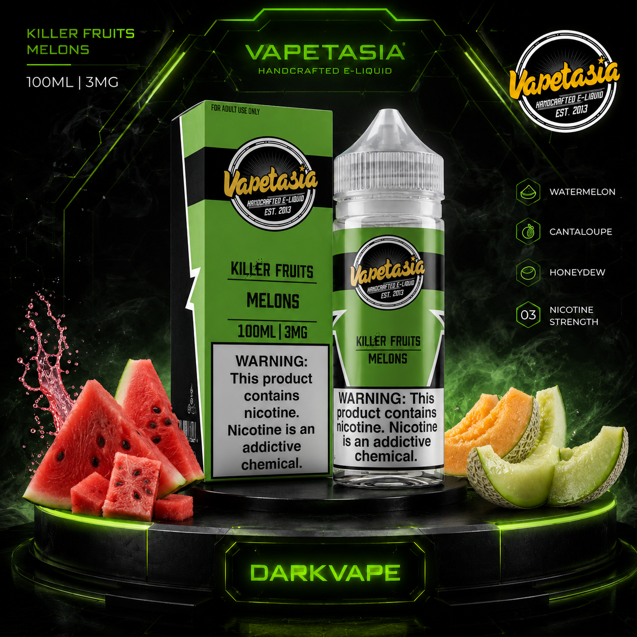 Vapetasia Killer Fruits Melons 100ml 3mg líquido Freebase de cantalupo sandía y honeydew