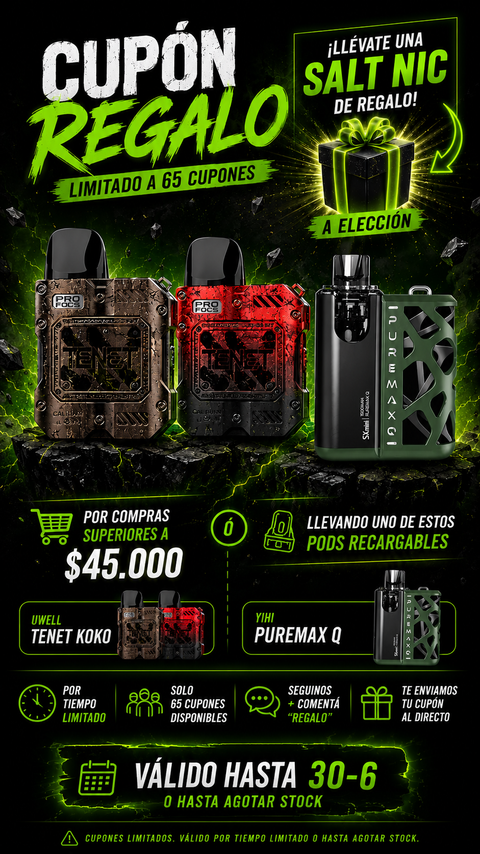 sal de nicotina gratis a eleccion con tu compra. sal de nicotina de regalo con cupón mediante Instagram