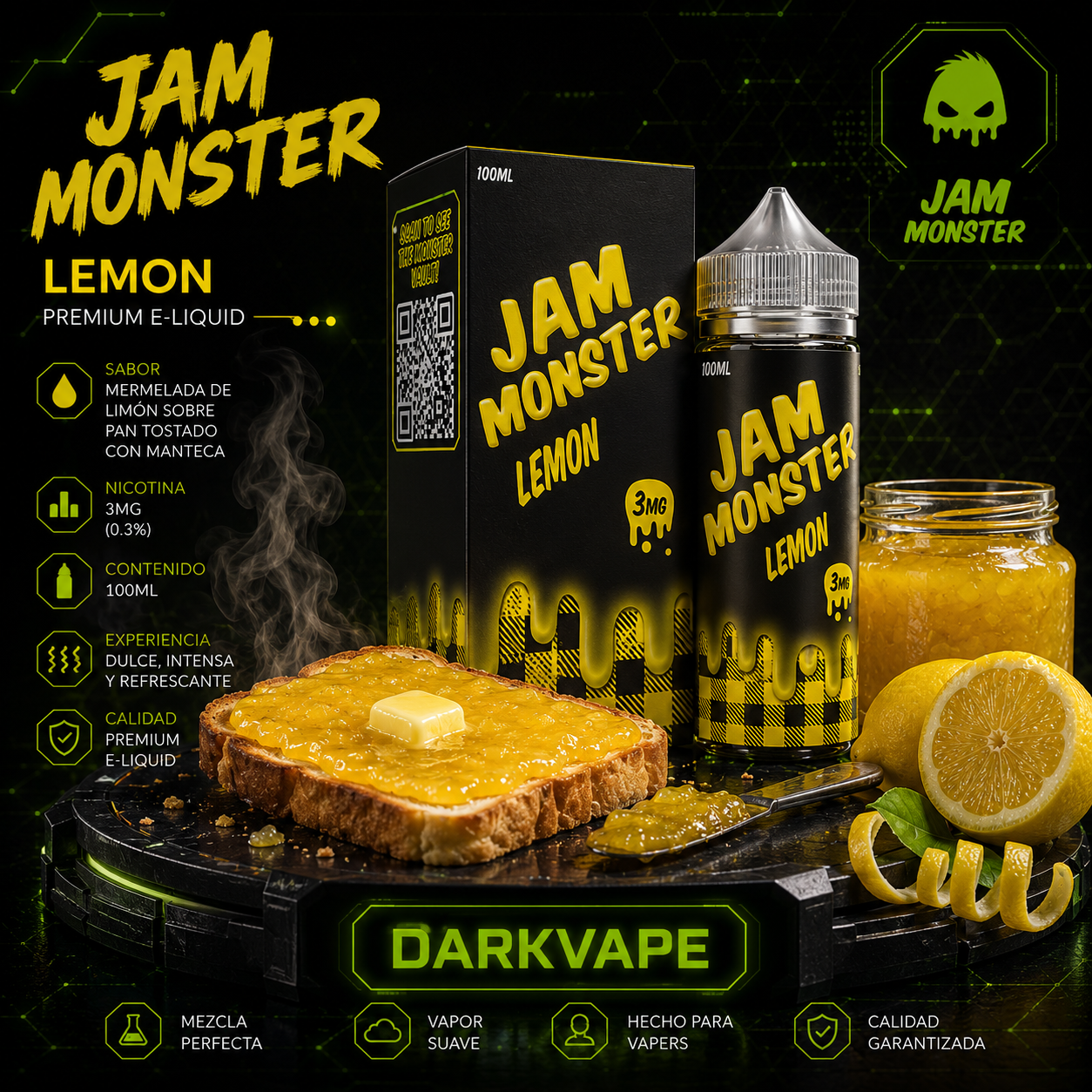 Jam Monster Lemon 100ml 3mg líquido freebase sabor mermelada de limón