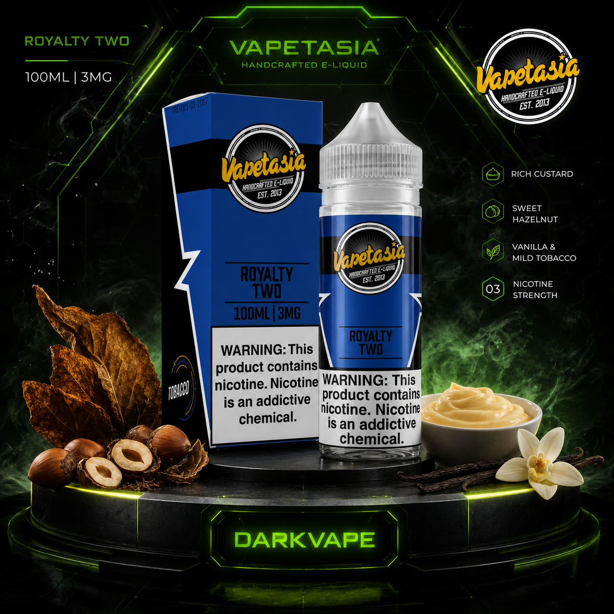 Vapetasia Royalty II 100ml 3mg líquido freebase sabor tabaco vainilla y avellanas