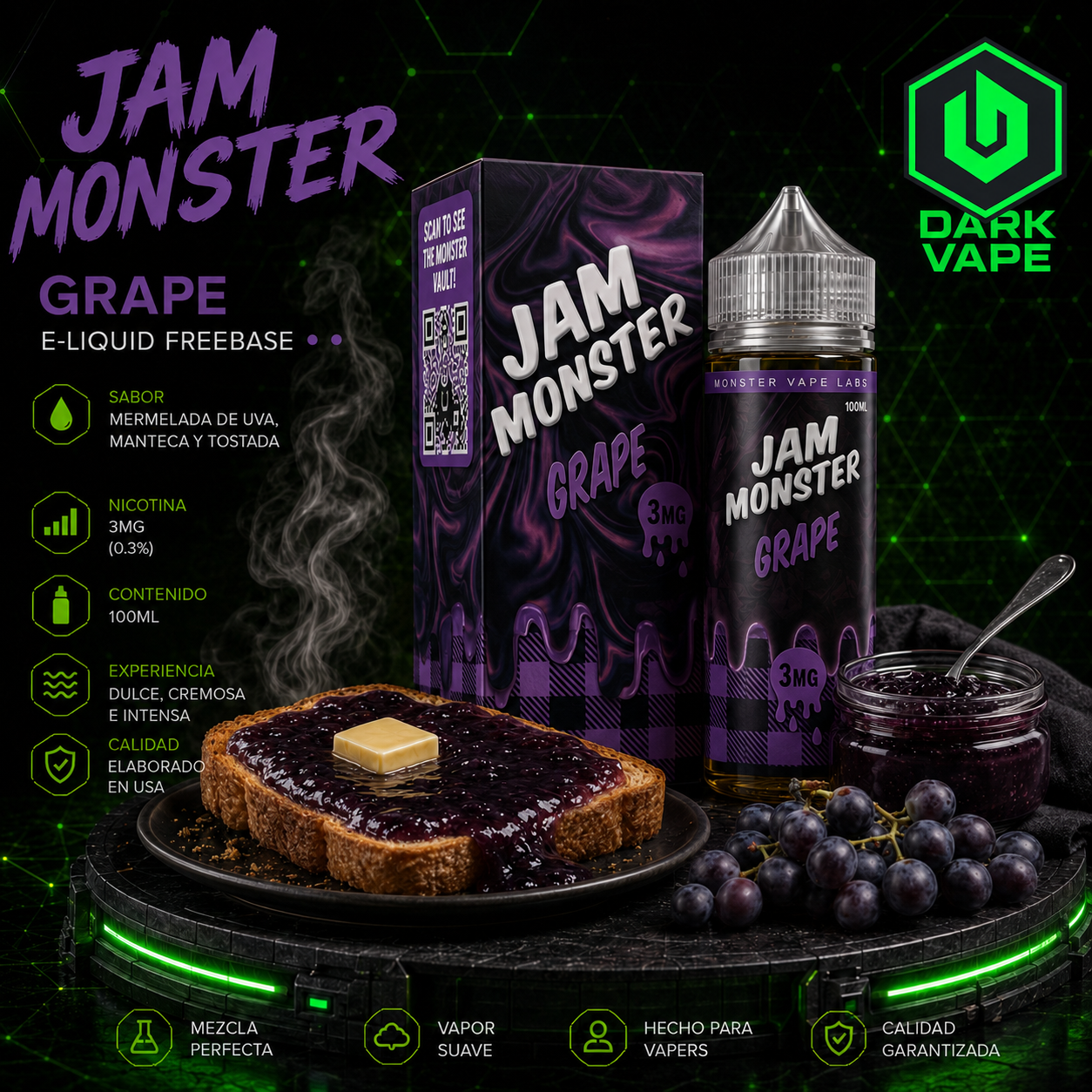 Líquido Jam Monster Grape con pan tostado y manteca