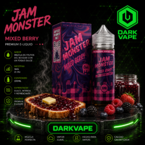 Líquido Jam Monster Mixed Berry 100ml 3mg con sabor a frutos rojos, manteca y pan tostado sobre pedestal DarkVape
