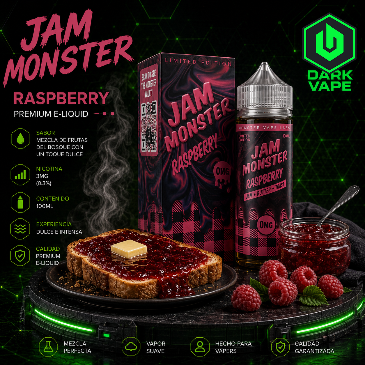 Jam Monster Raspberry 100ml 3mg líquido Freebase sabor mermelada de frambuesa