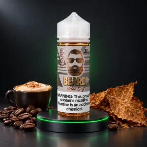 Beard Vape Co No. 00 Sweet Tobaccoccino 120 ml 3 mg sobre pedestal DarkVape con capuchino, granos de café y hojas de tabaco