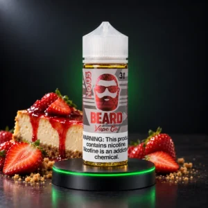 Beard Vape Co No. 05 NY Style Cheesecake 120 ml 3 mg sobre pedestal DarkVape con cheesecake y frutillas