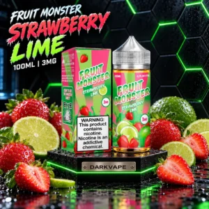 Jam Monster Fruit Monster Strawberry Lime 100 ml 3 mg: frasco y caja sobre pedestal DarkVape con frutillas y limas
