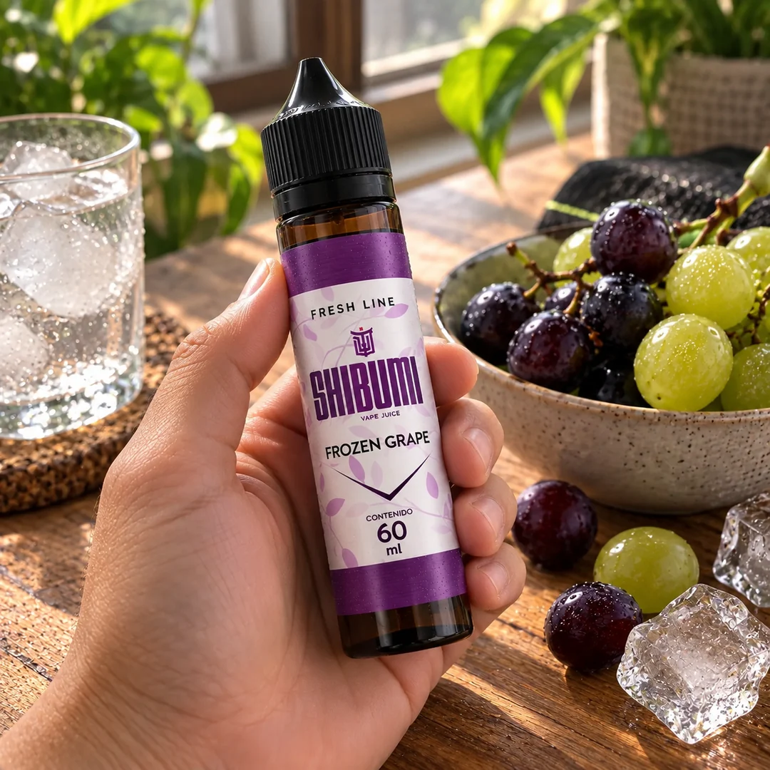 Shibumi Frozen Grape 60 ml, líquido freebase en mano