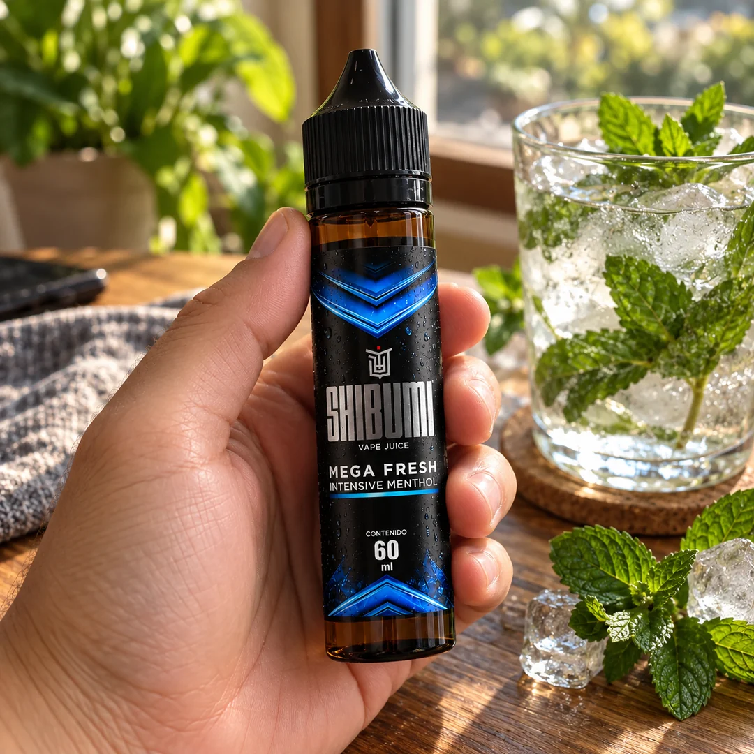 Shibumi Mega Fresh 60 ml, líquido freebase en mano