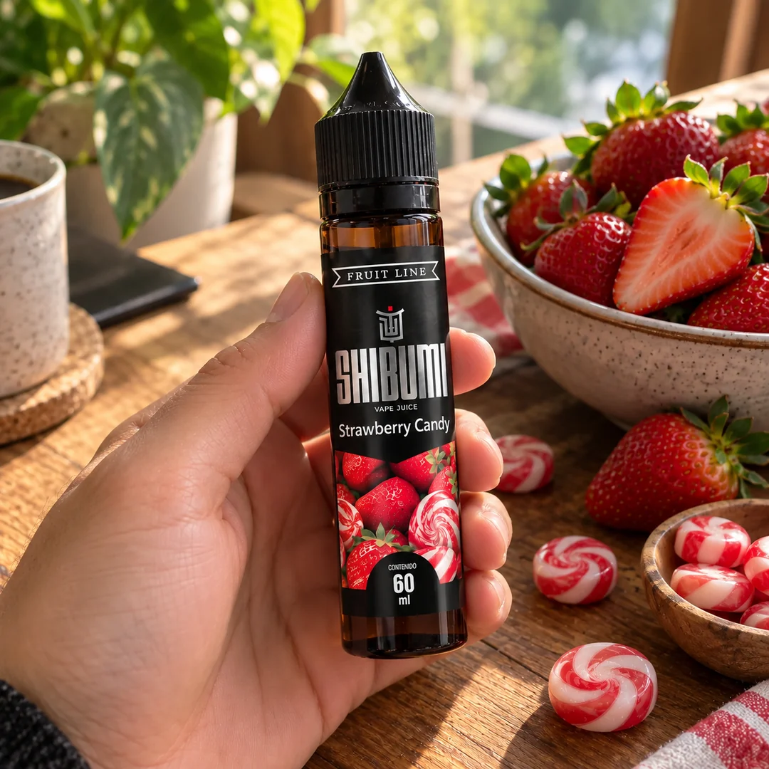 Shibumi Strawberry Candy 60 ml, líquido freebase en mano