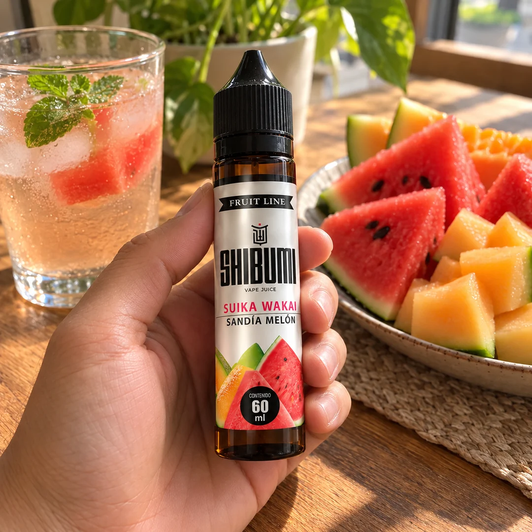 Shibumi Suika-Wakai 60 ml, líquido freebase en mano