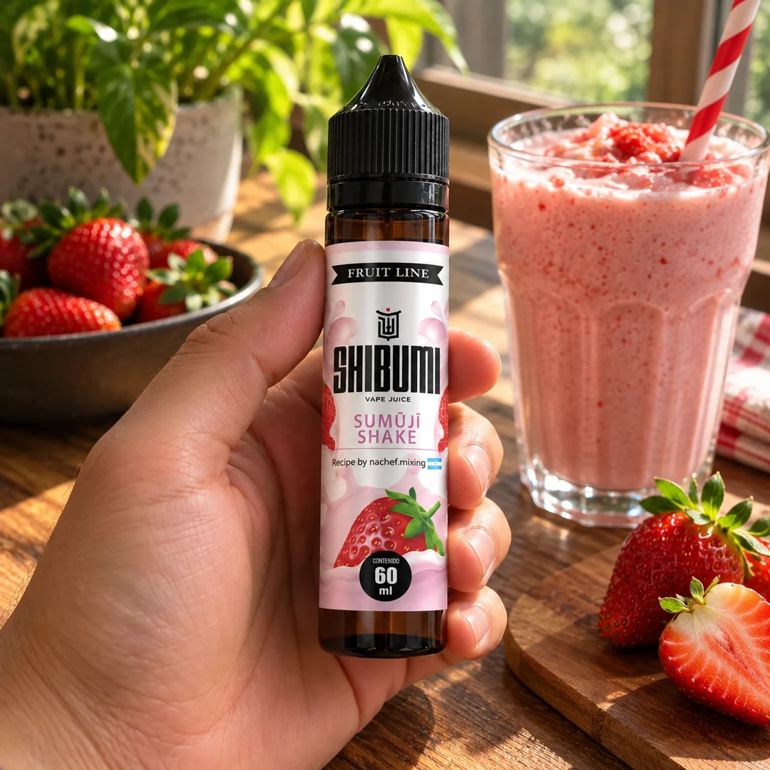Shibumi Sumuji Shake 60 ml, líquido freebase en mano