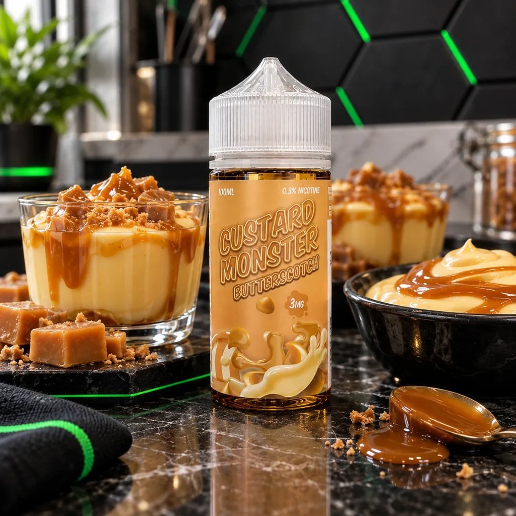 Custard Monster Butterscotch 100ml en una pastelería con postre de caramelo – DarkVape