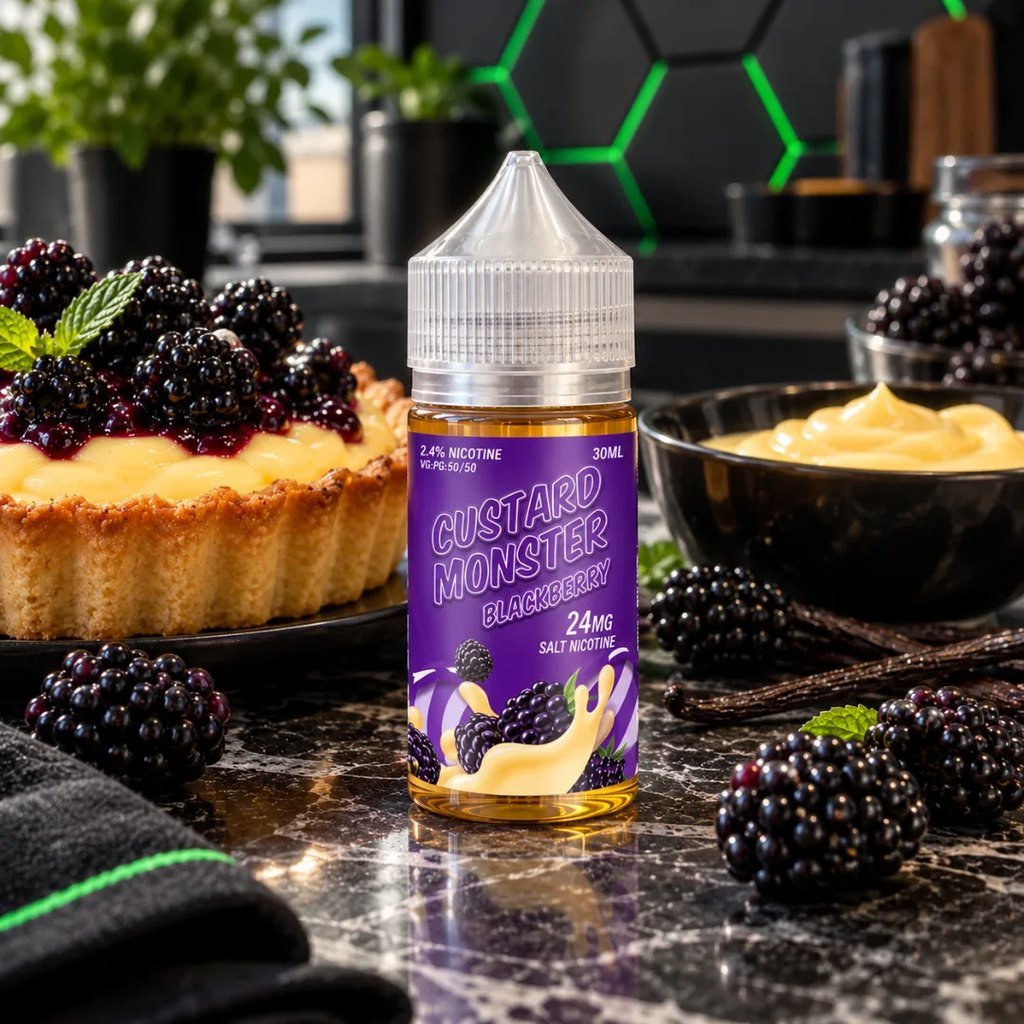 Custard Monster Salt Blackberry 30ml en un café con tarta de moras – DarkVape
