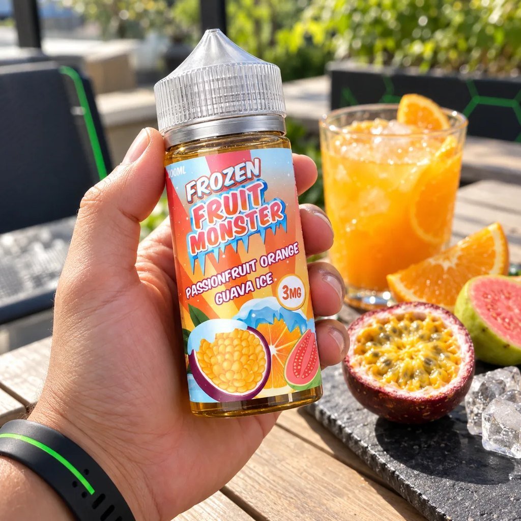 Jam Monster Frozen Fruit Monster Passionfruit Orange Guava ICE 100ml en la mano – DarkVape
