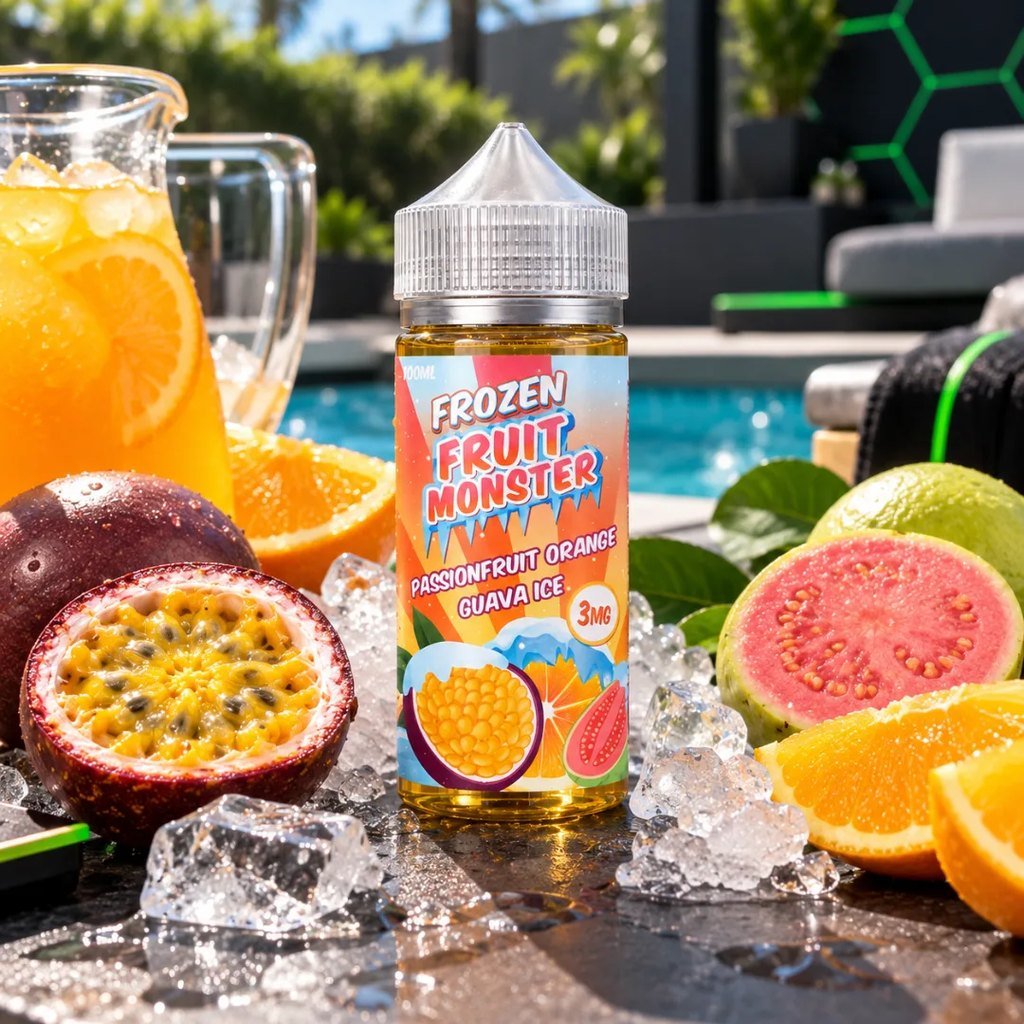 Jam Monster Frozen Fruit Monster Passionfruit Orange Guava ICE 100ml en una terraza de verano con jugo helado – DarkVape