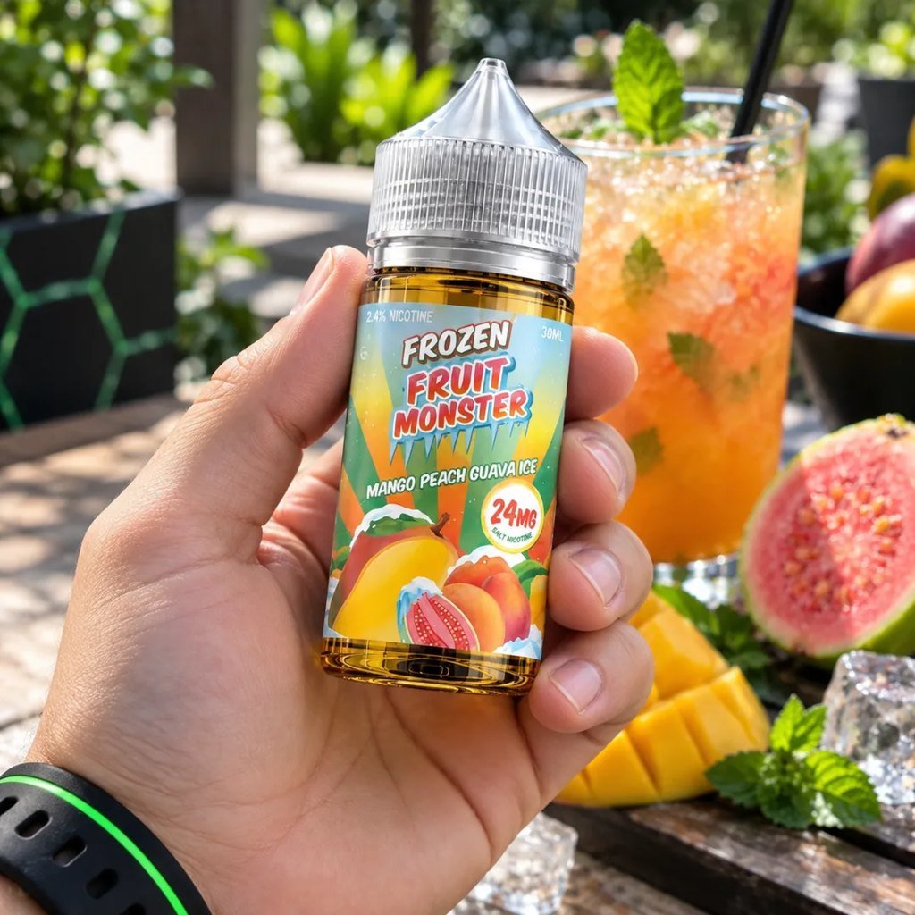 Frozen Fruit Monster Salt Mango Peach Guava Ice 30ml en la mano – DarkVape