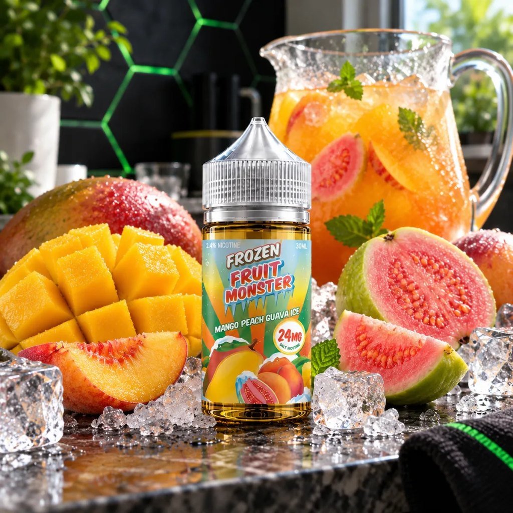 Frozen Fruit Monster Salt Mango Peach Guava Ice 30ml en una terraza con jugo tropical helado – DarkVape