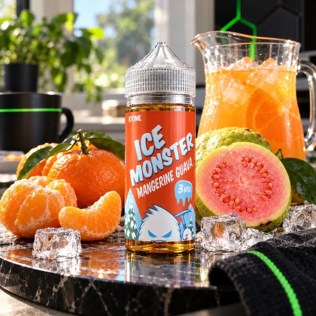 Jam Monster Ice Monster Mangerine Guava 100ml en un living con jugo helado, mandarinas y guayaba – DarkVape