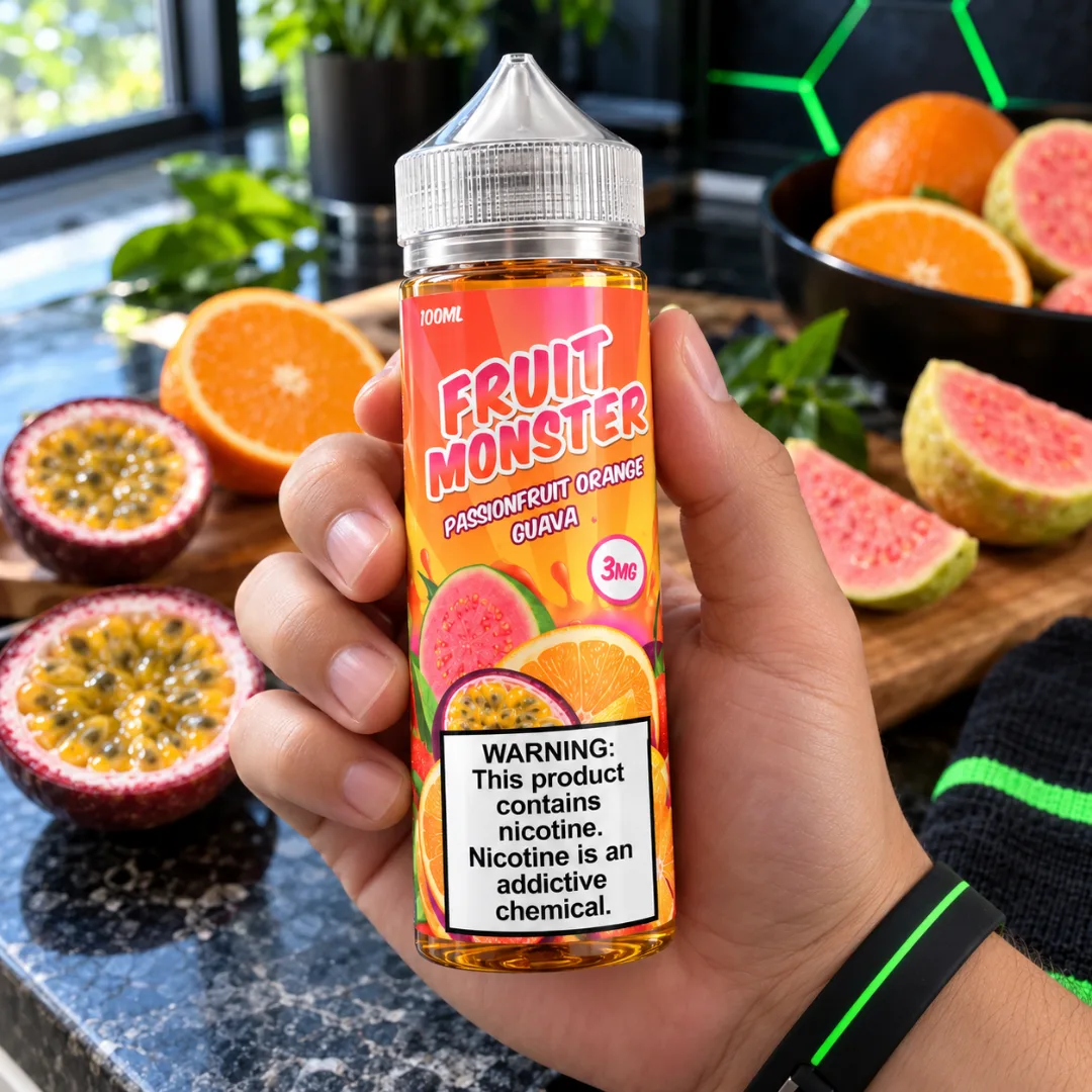 Fruit Monster Passionfruit Orange Guava 100ml 3mg en la mano - DarkVape