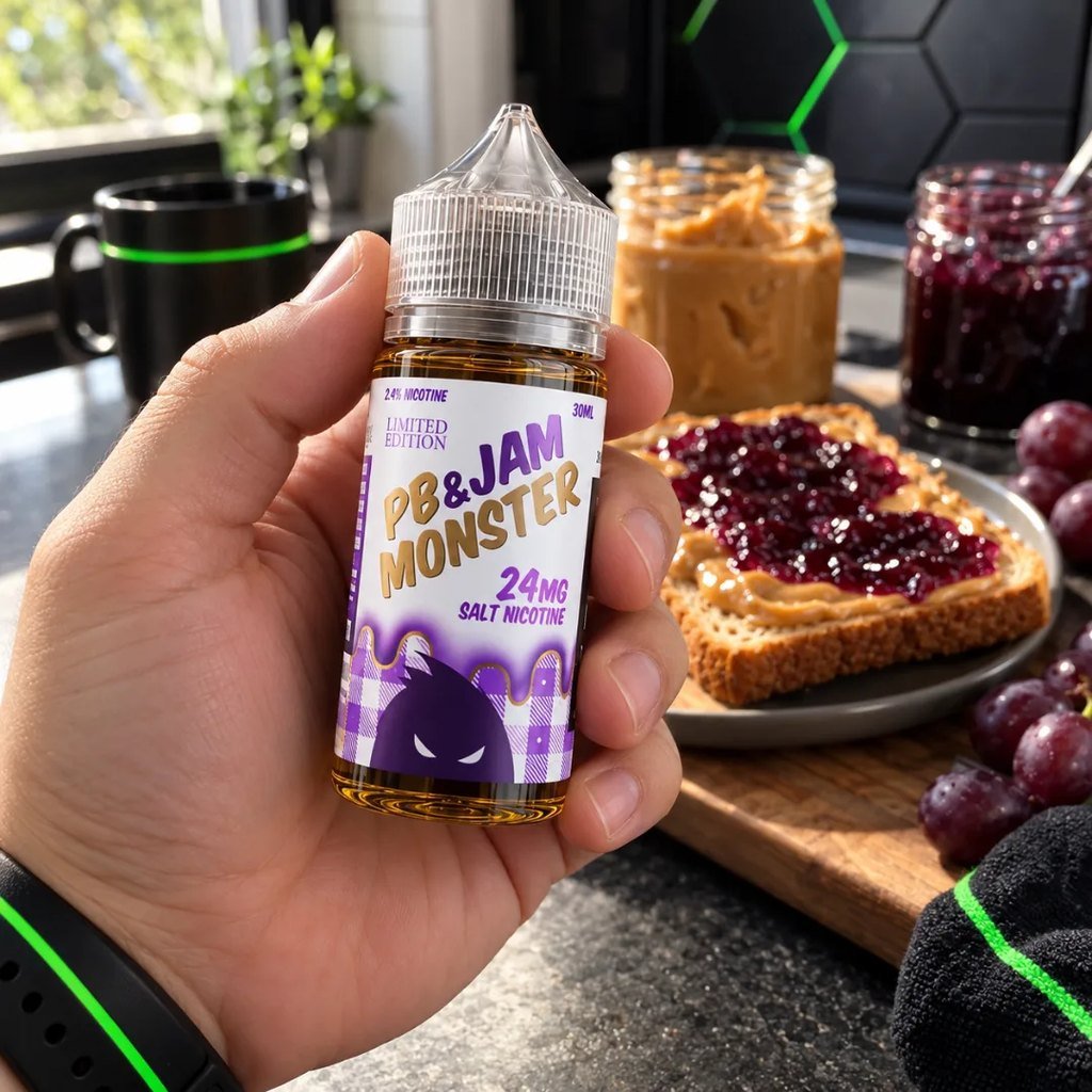 PB & Jam Monster Salt Grape 30ml en la mano – DarkVape