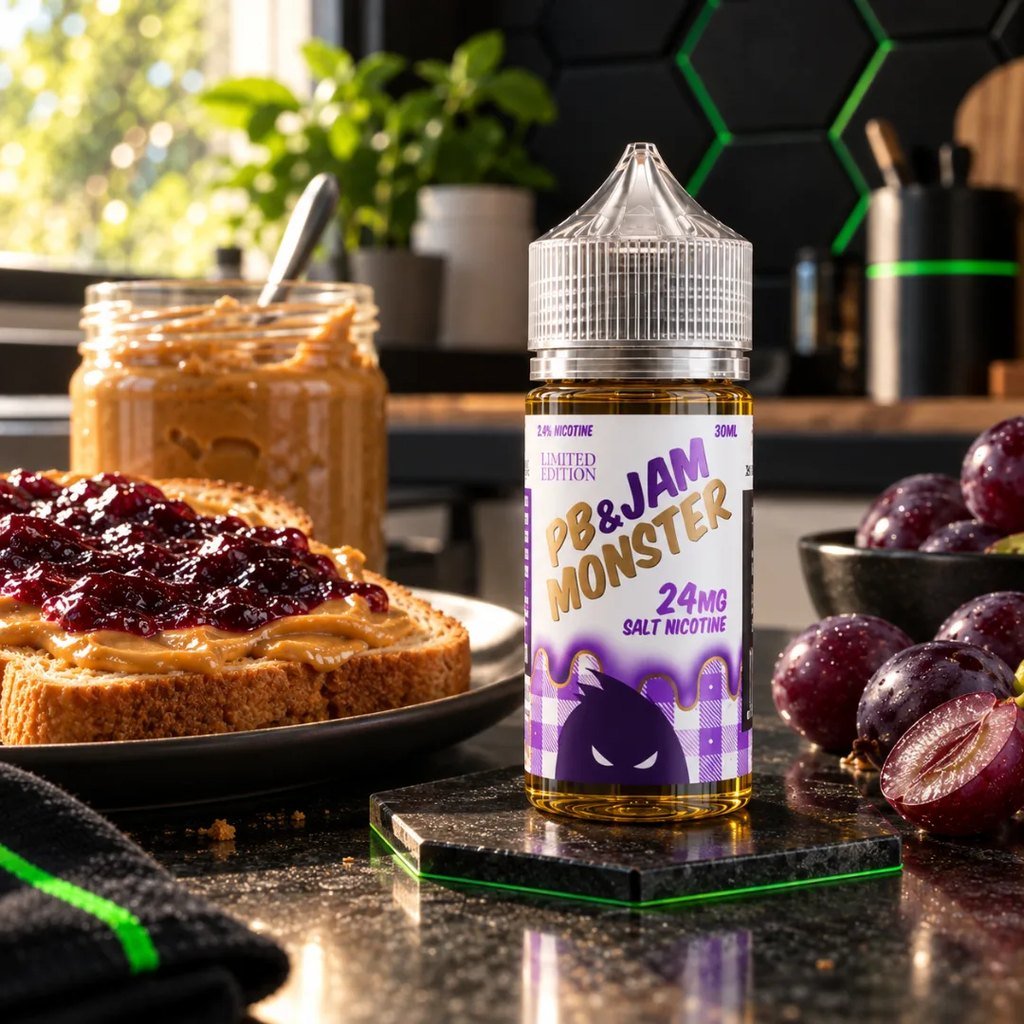 PB & Jam Monster Salt Grape 30ml en la cocina con tostadas de mantequilla de maní y uva – DarkVape