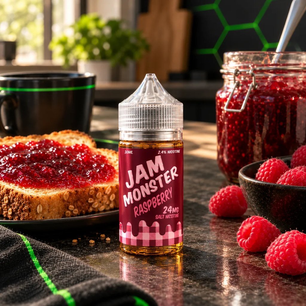 Jam Monster Raspberry sales de nicotina 30ml en la cocina con tostadas y mermelada de frambuesa – DarkVape