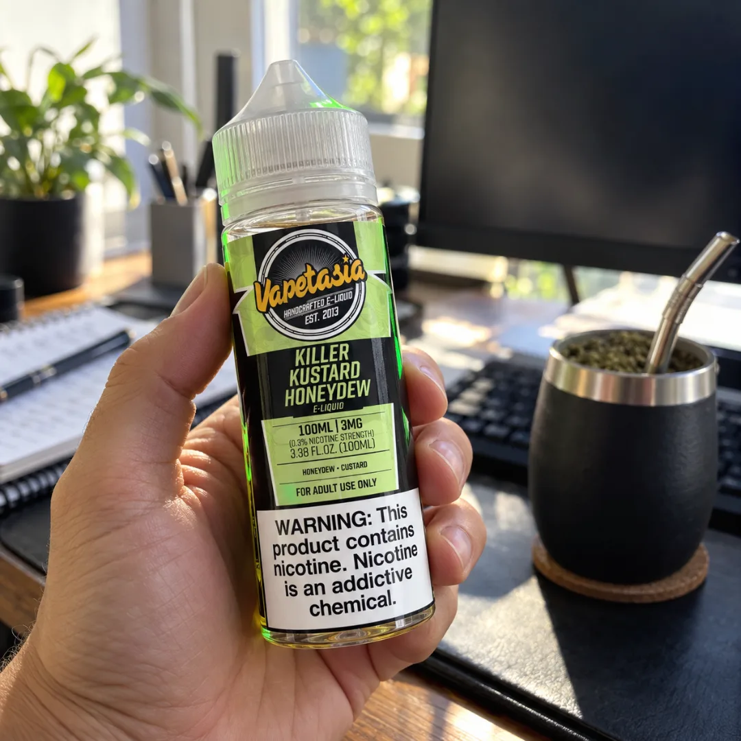 Vapetasia Killer Kustard Honeydew en la mano, en un escritorio con mate