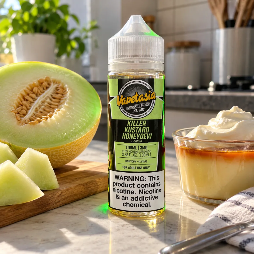 Vapetasia Killer Kustard Honeydew en la cocina con melón y flan