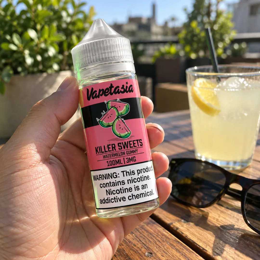 Vapetasia Killer Sweets Watermelon Gummy en la mano, en una terraza