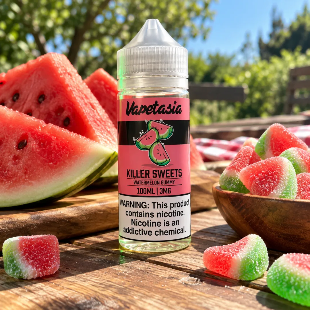 Vapetasia Killer Sweets Watermelon Gummy en una mesa de picnic con sandía