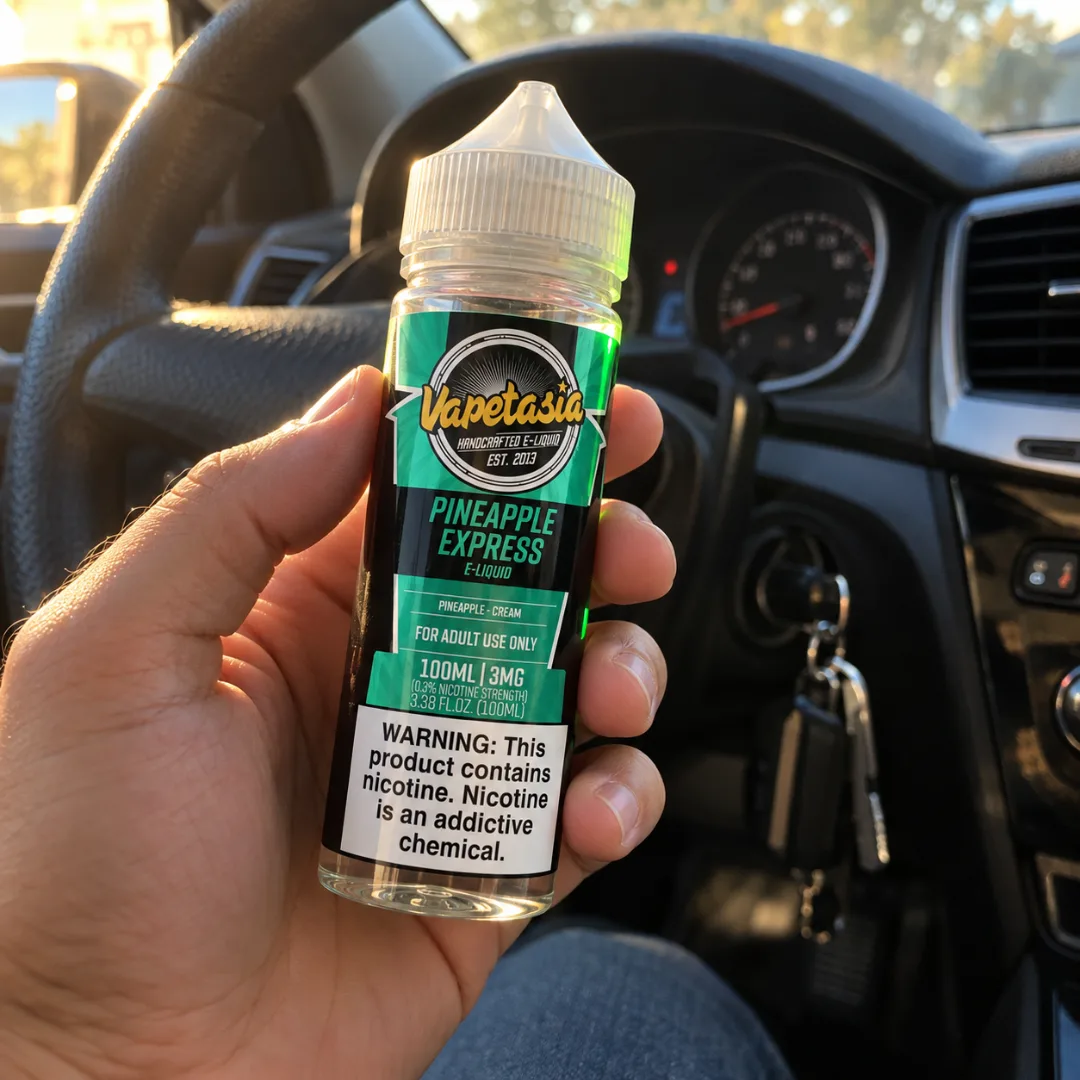 Vapetasia Pineapple Express en la mano, dentro del auto