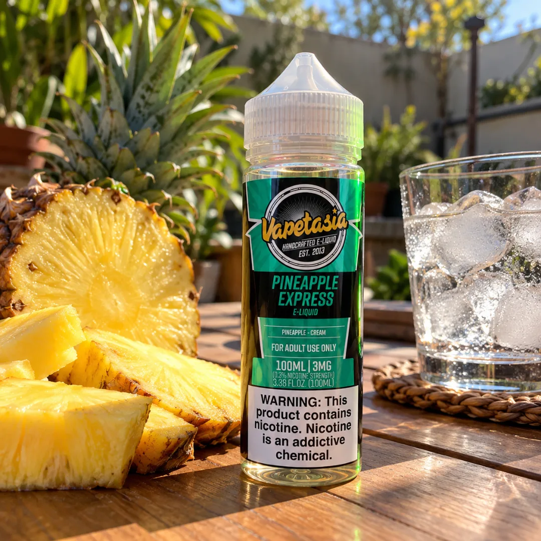 Vapetasia Pineapple Express en un patio con ananá